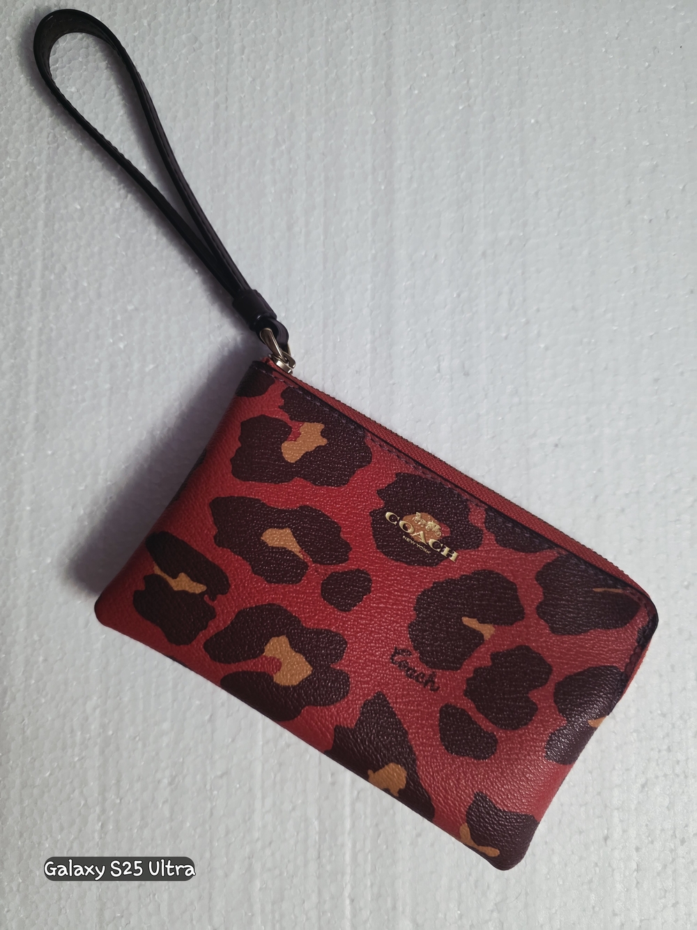 Coach Red Leopard Print Wristlet with Black Strap